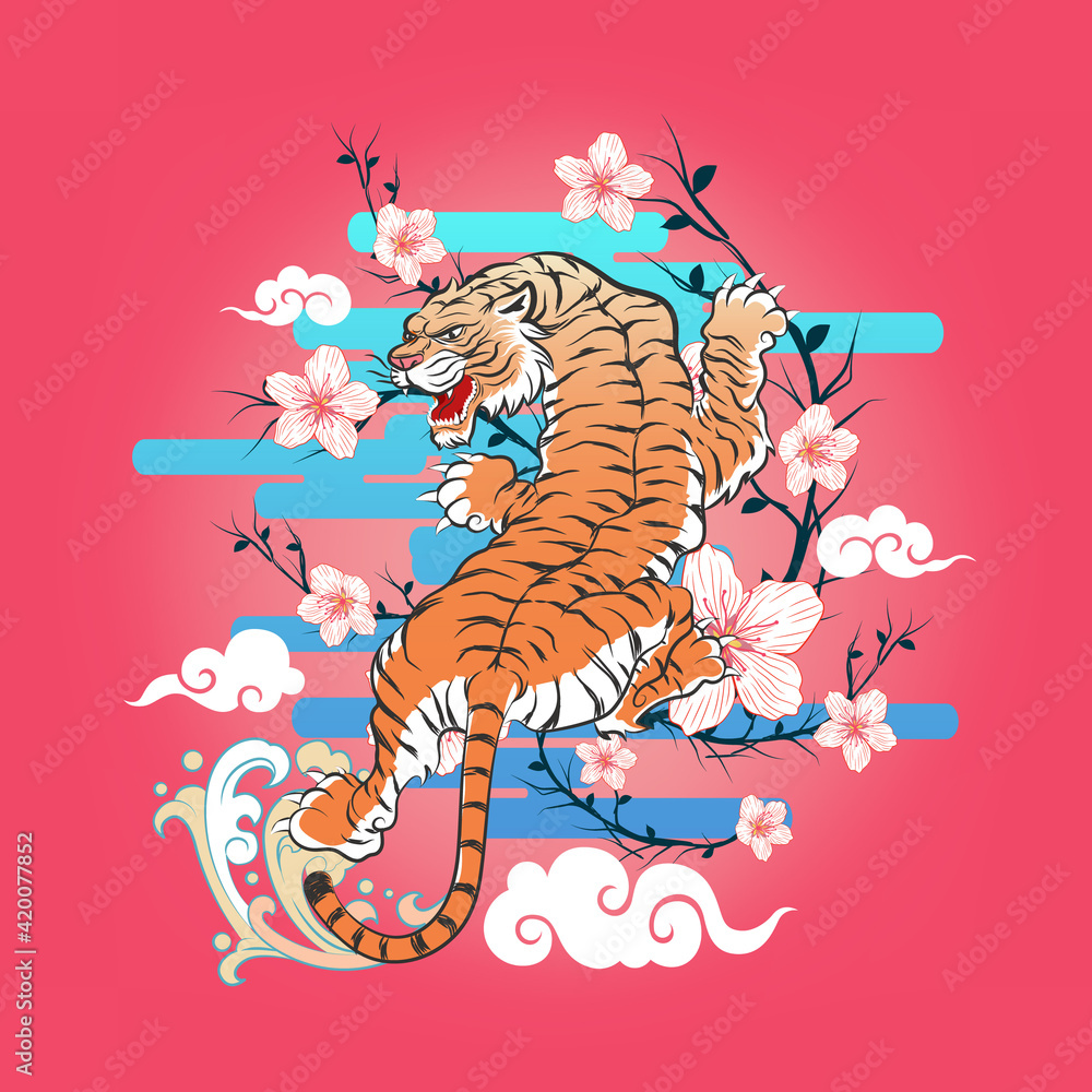 Abstract Art Flying Tiger Crawling with Sakura Flowers Surrounded on  Horizontal Gradient Cloud with Water Splash and Curvy Cloud on Gradient  Pink Background Vector Design Template for Wrapping Paper Stock Vector