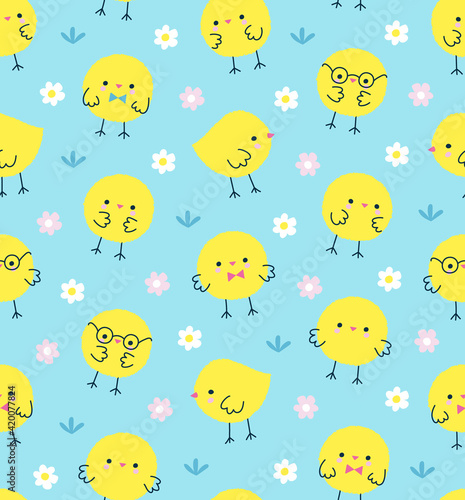 Seamless vector pattern with adorable chickens wearing glasses and bows surrounded by flowers. Illustration for spring holidays in cute hand drawn style. Swatch is included.