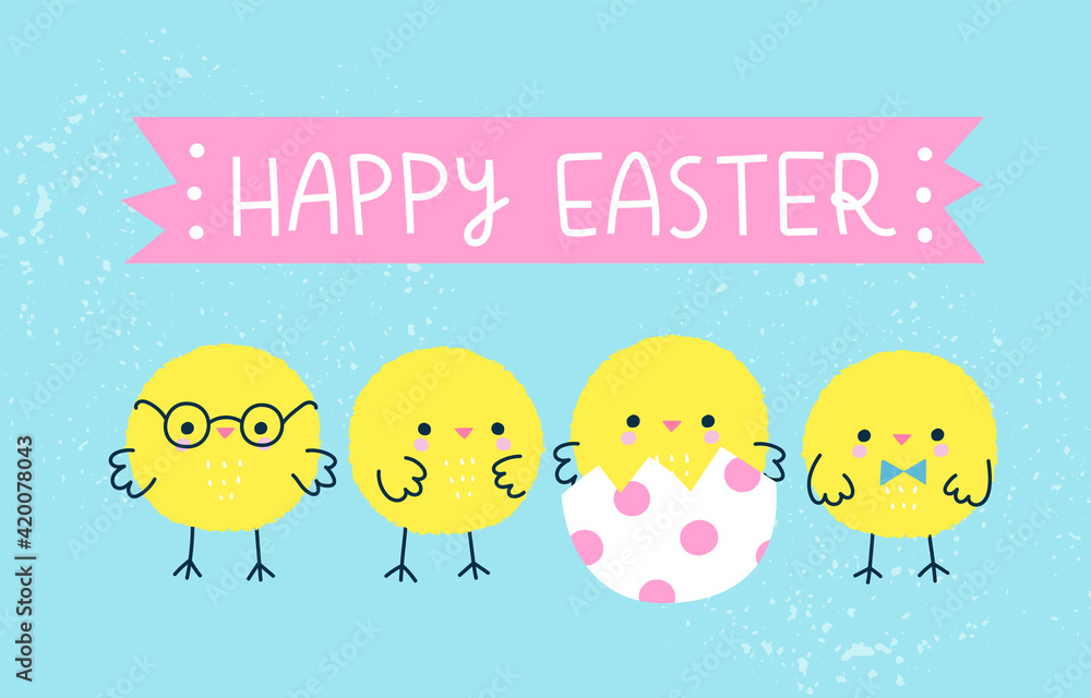 Vector illustration of various adorable chickens and a Happy Easter message. Banner or card design for celebration of the spring holiday in colorful cartoon style. Vector illustration of various adorable chickens and a Happy Easter message. Banner or card design for celebration of the spring holiday in colorful cartoon style.