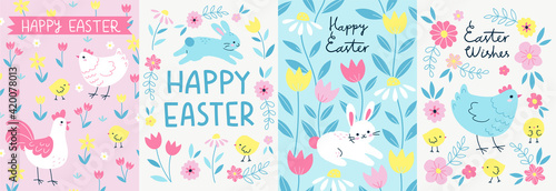 Easter card or banner templates with cute bunnies, chickens and flowers. Vector illustration for the spring holiday in colorful cartoon style. Elements are isolated.
