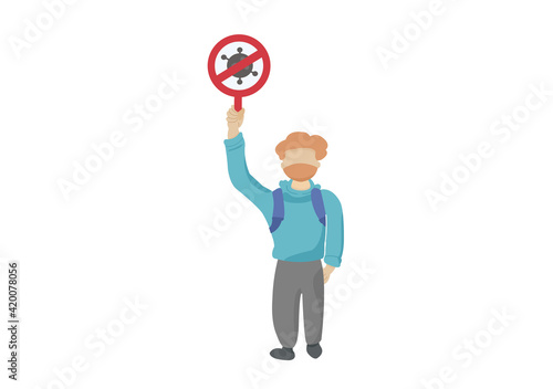 a protester man with covid-19 protest sign for mask protection campaign vector