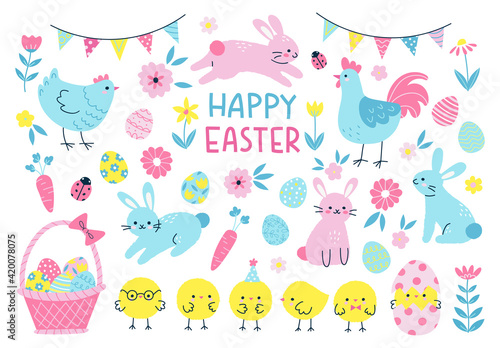 Collection of Easter elements including cute bunnies, chickens, hen, rooster, eggs and flowers. Vector illustration for celebration of Easter holiday in trendy cartoon style. Elements are isolated.