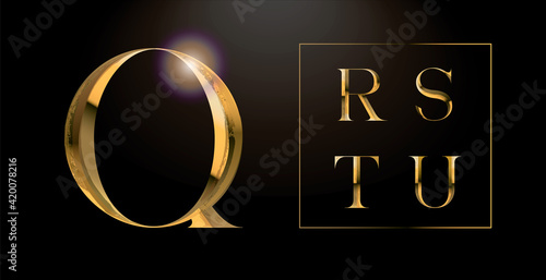 Realistic gold alphabet. Hand crafted serif font with rust effects. Gold roman textured uppercase. Elegant typeset. 