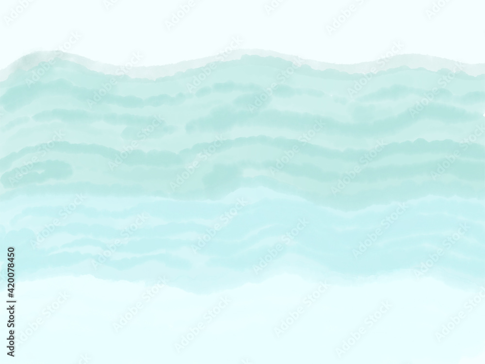 Obraz 波模様の水彩画、にじみのある背景、青色、グリーンの壁紙