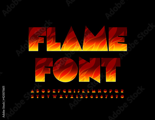 Vector Flaming Font. Alphabet set with Fire Pattern. Creative style Letters and Numbers