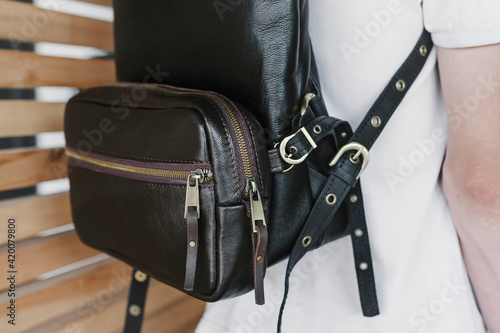 Leather Backpack Roll top Leather Rucksack Bag. Close-up details. Designer bag.