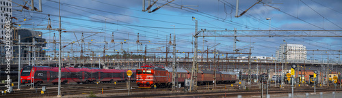 Moderna trains at a railway depot in Stockholm a winter day