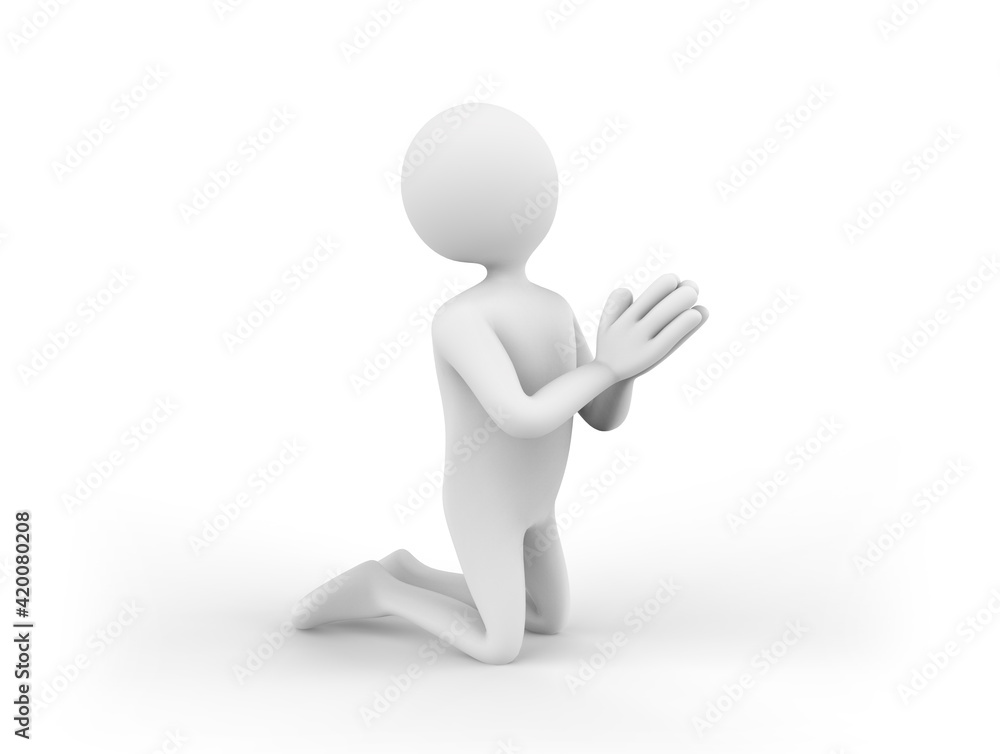 3D illustration of a cartoon man praying god with heads up 3D illustration of a cartoon man praying god with heads up