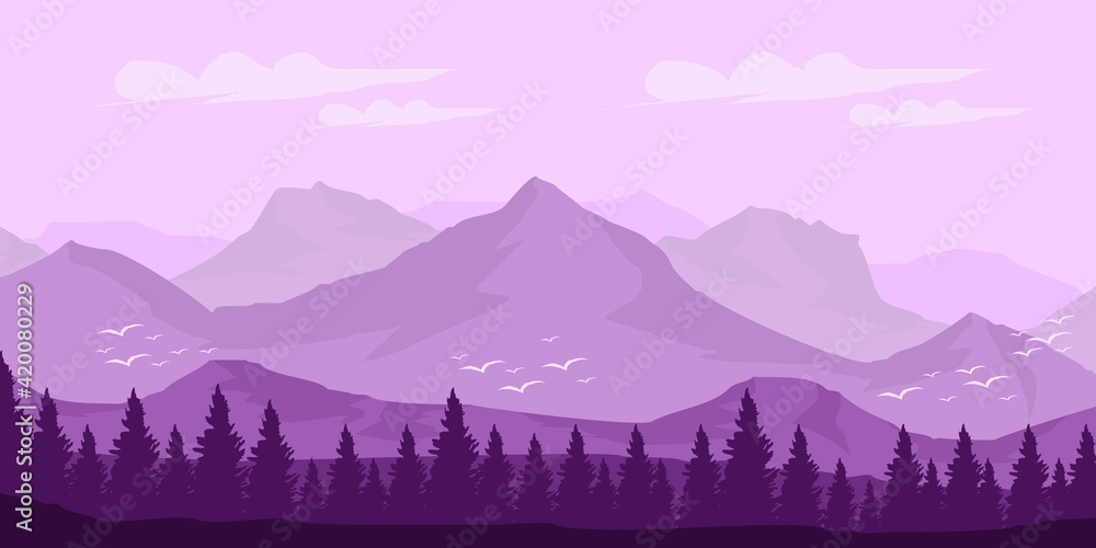 landscape purple mountain vector design for social media, background template, backdrop design, tourism design promo background, and adventure vacation design promo