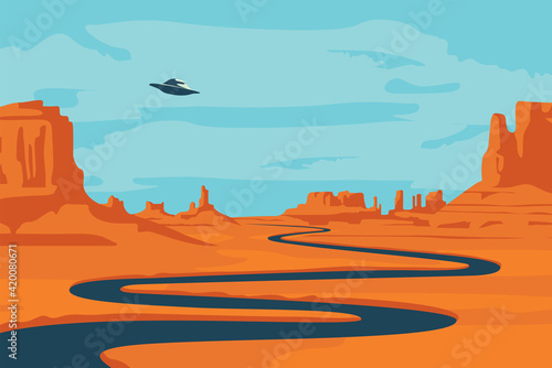 Vector landscape with deserted valley, mountains, dark winding river and flying saucer in the sky. Decorative illustration on the theme of of alien invasion. Western scenery and UFO