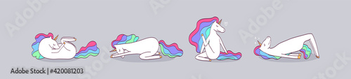 Vector set with stretching exercises by unicorn. Funny rainbow animal doing yoga.