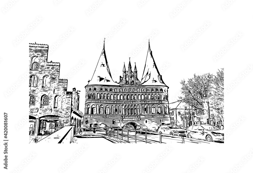 Building view with landmark of Lubeck is the
city in Germany. Hand drawn sketch illustration in vector.