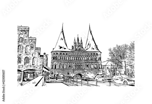 Obraz na płótnie Building view with landmark of Lubeck is the
city in Germany. Hand drawn sketch illustration in vector. w salonie