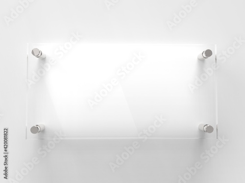 Blank Transparent Glass Interior Office Corporate Signage Plate Mock Up Template, Clear Printing Board For Branding, Logo. Transparent acrilic advertising signboard  mock-up front view.