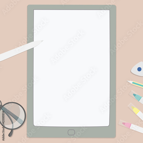 Vector illustration of felt pens, digit tablet, eyeglasses etc. Art workplace in flat cartoon style, top view. For design of page site, web and advertising banner, article, card, promotional, mailing.