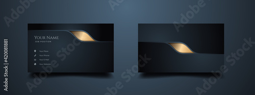 Elegant and luxury business card design with creative golden effect. Name card company business with dark navy background. Vector Illustration.