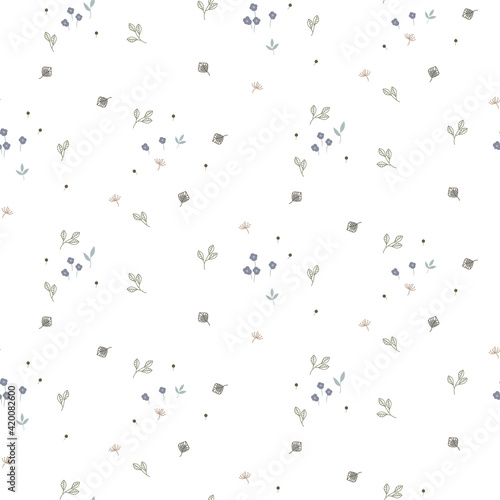 Seamless floral pattern with tiny small flowers on white.