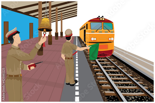 train staff work at train station vector design