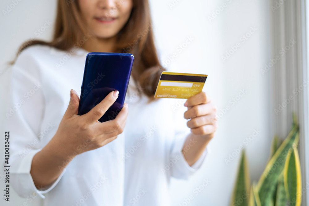 Women hand using mobile smartphone payments and credit card for online shopping mobile banking, Online shopping, digital banking, internet payment concept. Women hand using mobile smartphone payments and credit card for online shopping mobile banking, Online shopping, digital banking, internet payment concept.