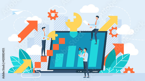 Vector illustration people are building a business on the internet. Laptop screen with a website. Teamwork, promotion of business online, the takeoff rating of the work, ideas vector