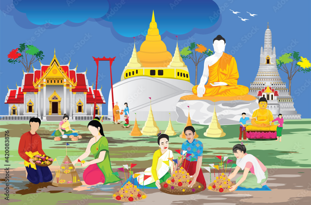 Naklejka premium people make beautiful sand pagoda in temple on Songkran festival ,Merit making traditions vector design