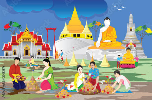 people make beautiful sand pagoda in temple on Songkran festival ,Merit making traditions vector design