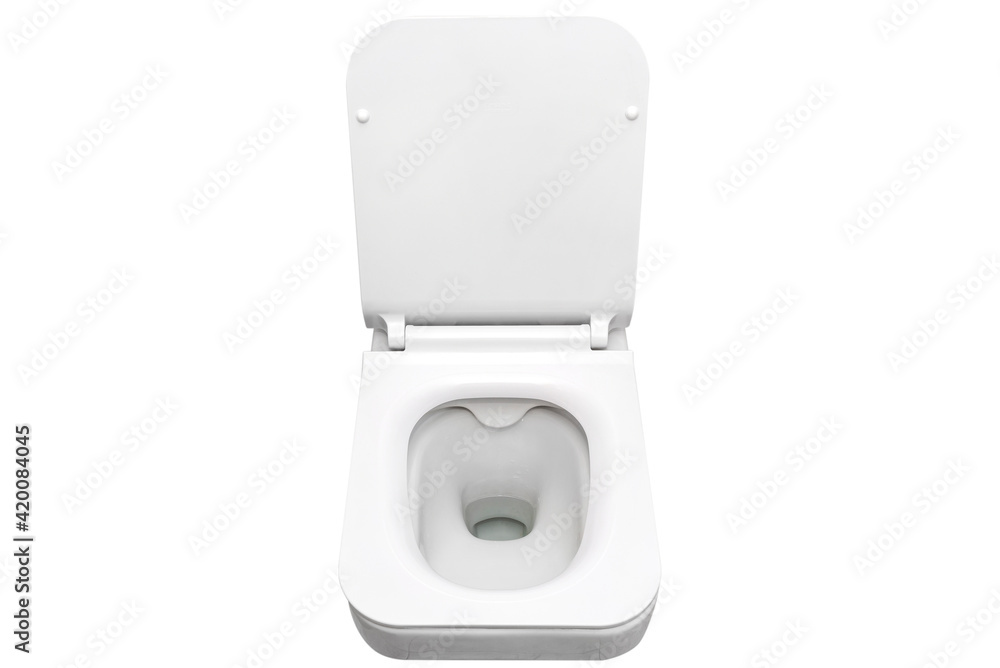 White ceramic toilet with an open flap, isolated on a white background with clipping path. White ceramic toilet with an open flap, isolated on a white background with clipping path.