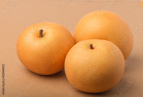 Snow pear or Nashi pears on white background, A group of Asian yellow pear fresh fruit isolated on white background.