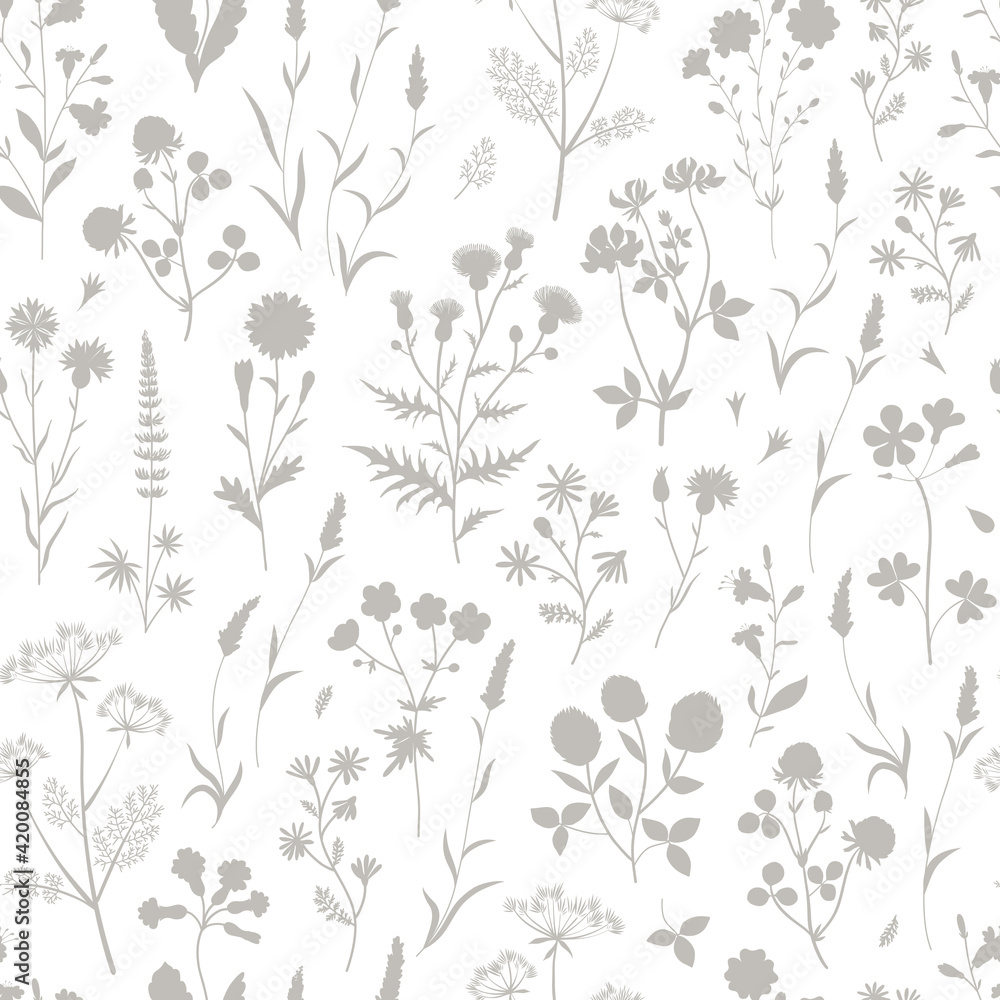 Meadow wildflower silhouette seamless vector pattern. Boho botanical floral neutral grey background. Delicate field flower and herb illustration.