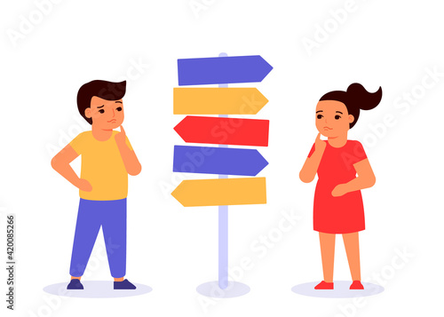 Doubting children think, decide question of choice, choice of path of education and work, direction of future. Concept of self realization, education and career success. Vector flat illustration