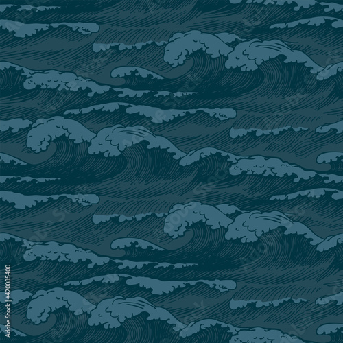 Vector seamless pattern with hand-drawn waves in vintage style. Decorative repeating background with dark blue storm waves of the sea or ocean, breakers of seafoam