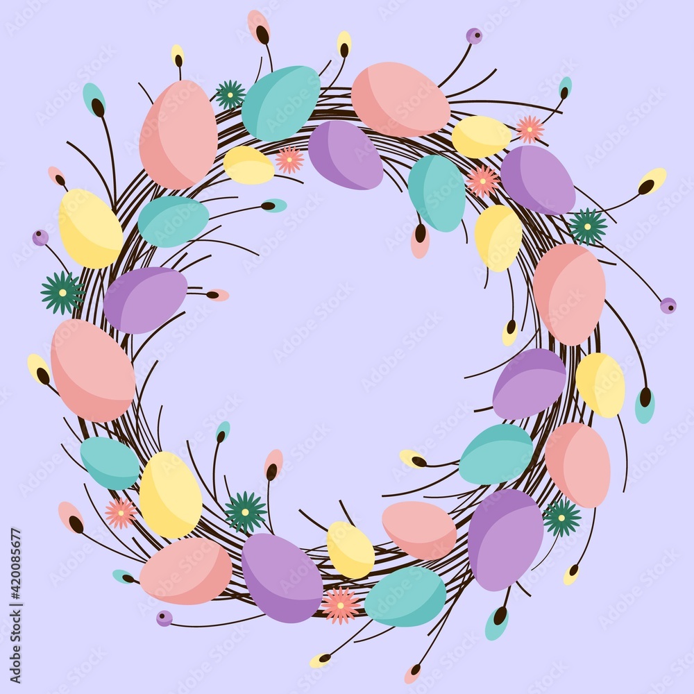 Easter wreath made of willow branches with decorated Easter eggs and flowers. Easter Greeting card