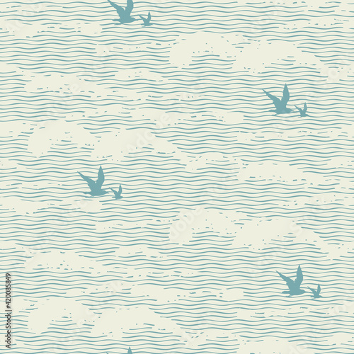 Vector seamless pattern with abstract wavy pattern, imitation of the sea waves or clouds in the sky. Decorative repeating illustration of the sea or ocean and flying birds in retro style