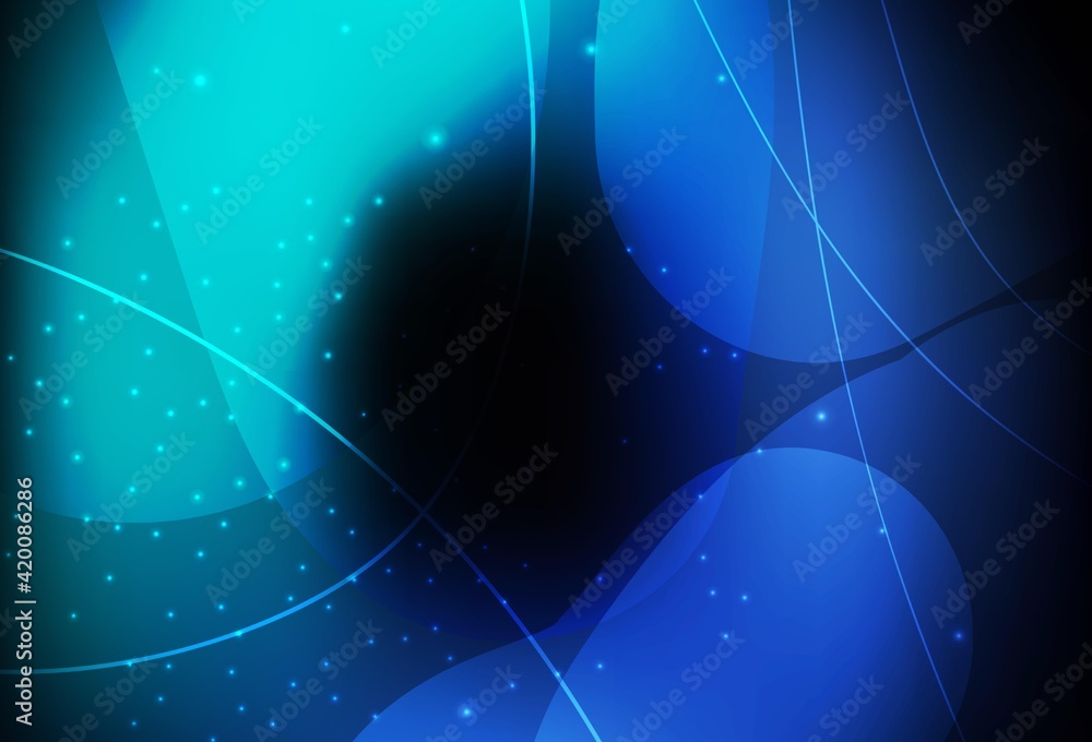 Dark BLUE vector Circles, lines with colorful gradient on abstract background.