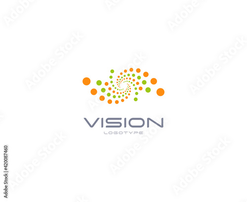 Laser vision correction, clinic logo concept. Abstract dots logo. Medical technology of eye health, vision restoration. Symbol of glasses, ophthalmologist office, retina. Isolated vector illustration