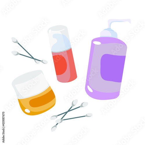 Cotton pads. Cotton swabs. Cosmetic jars. Hygiene, cosmetology. Outline vector illustration on a white background.