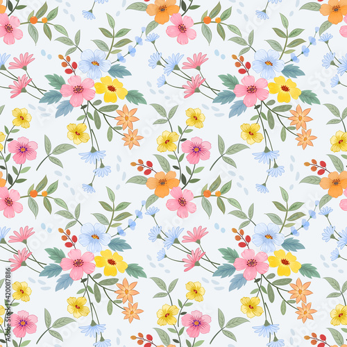 Colorful floral seamless pattern with light blue monochrome background for fabric  textile  and wallpaper.