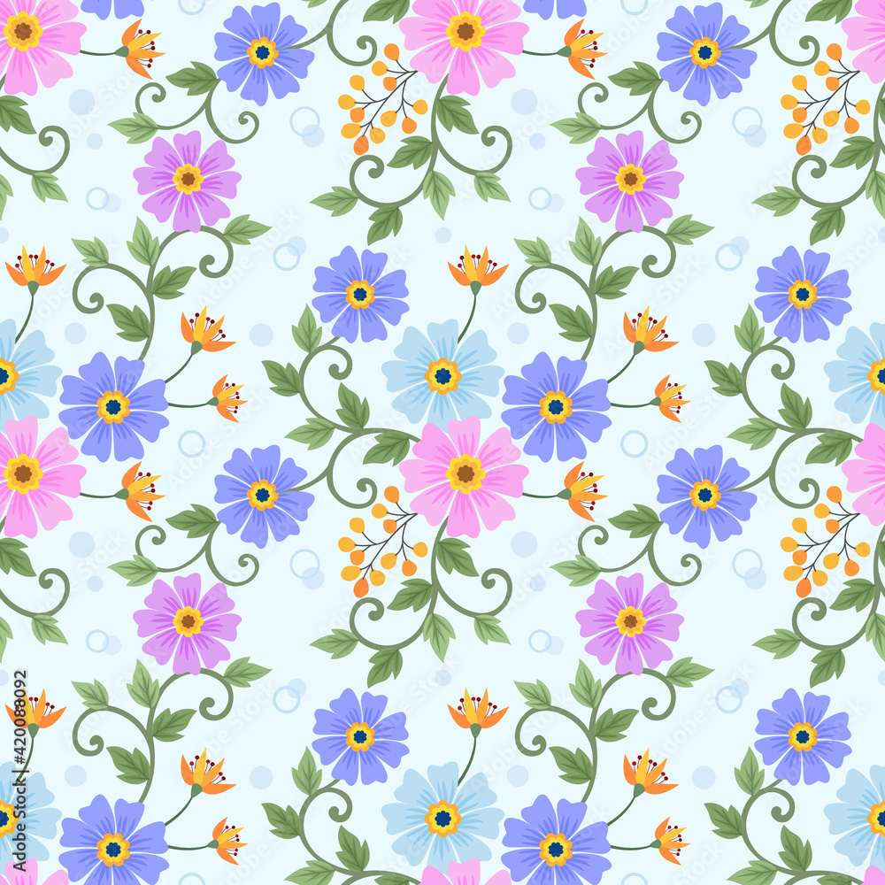 Pink and purple floral seamless pattern with light blue monochrome background for fabric, textile, and wallpaper.