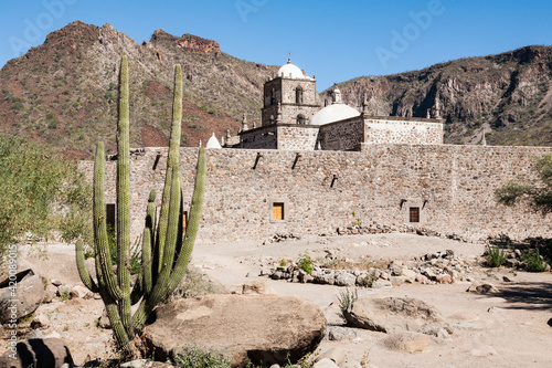 Mission church Mision de San Francisco Javier de Vigge Biaundo with cardon cactus, Baja California Sur, Mexico