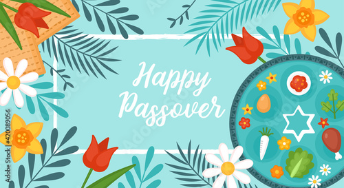 Passover Pesach holiday banner design with matzah, seder plate and spring flowers. Greeting card or seder party invitation template background photo