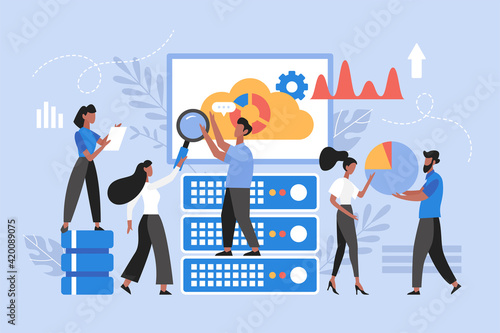 Data analysis concept. Modern vector illustration of people with data visualization graphs and charts.