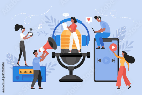 Podcast or audio online brodcasting concept. Modern vector illustration of people with microphone, headphones and smartphone listening to radio channel program