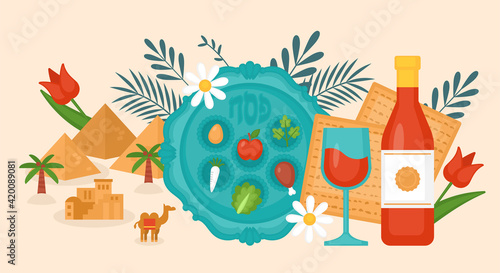 Passover Pesach holiday banner design with matzah, wine and seder plate. Greeting card or seder party invitation template