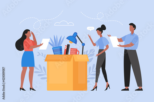Job loss and crissis unemployment concept. Modern vector illustration with boss dismissing woman employee and office items in box