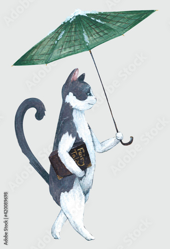 Cat with umbrella and book. Hand-drawn illustration
