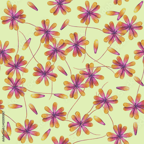 Purple flowers on light-yellow background  tender floral wallpaper  blooming textile print. Hand drawn with pencils. Seamless pattern.