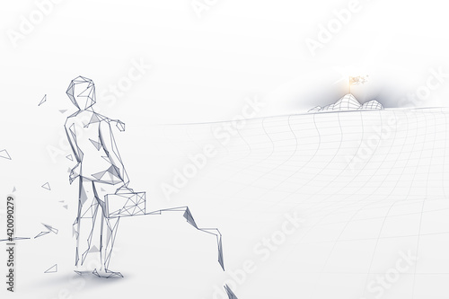 Young businessman standing on edge mountain and looking Flag on the top of the mountain. Success, leadership and goal concept. Low poly model design