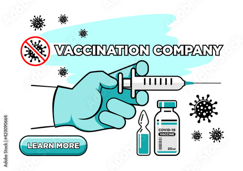 Landing page for coronavirus vaccination site. Drug preparations, vaccine, medical hand with syringe with needle on transparent background. Vector