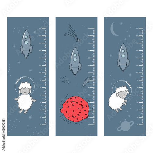 Kids height chart with rocket and sheep astronauts.