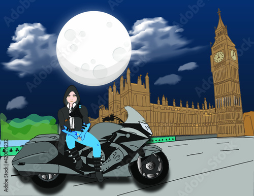 Ilustración, El motociclista en Londres. en una noche de luna llena.